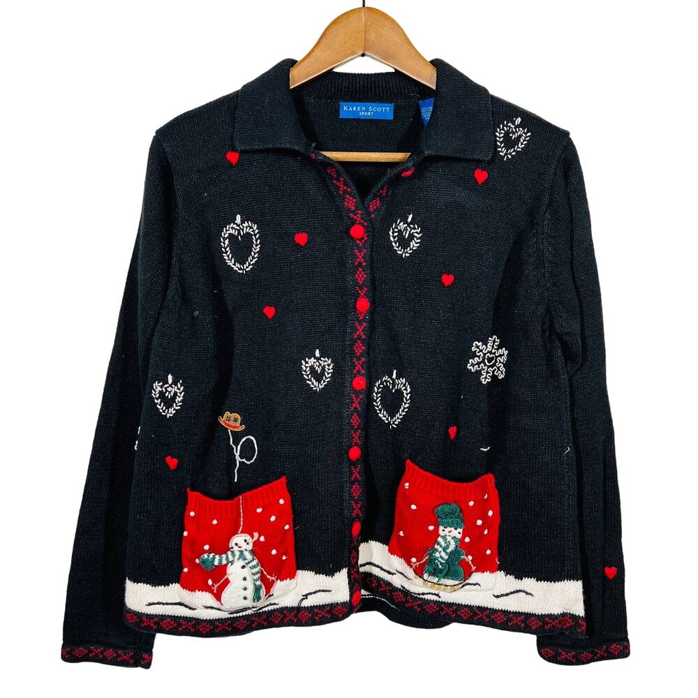 Vintage Christmas Sweater Karen Scott Sport Cardigan Button Front Black - L
